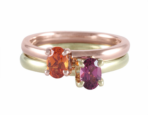 18k green and rose gold rings with spessartite and rhodolite garnets