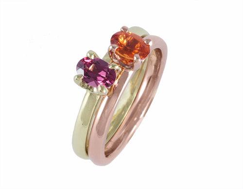 18k green and rose gold rings with spessartite and rhodolite garnets