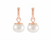 White button pearls in 18k rose gold drops on hoops.