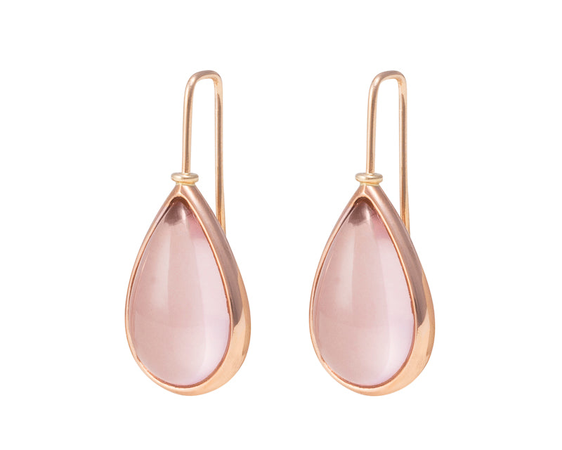 Large tear drop light pink rose quartz cabochons in rose gold frame and shepherd's hooks.